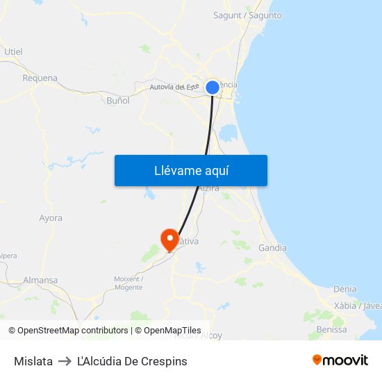 Mislata to L'Alcúdia De Crespins map
