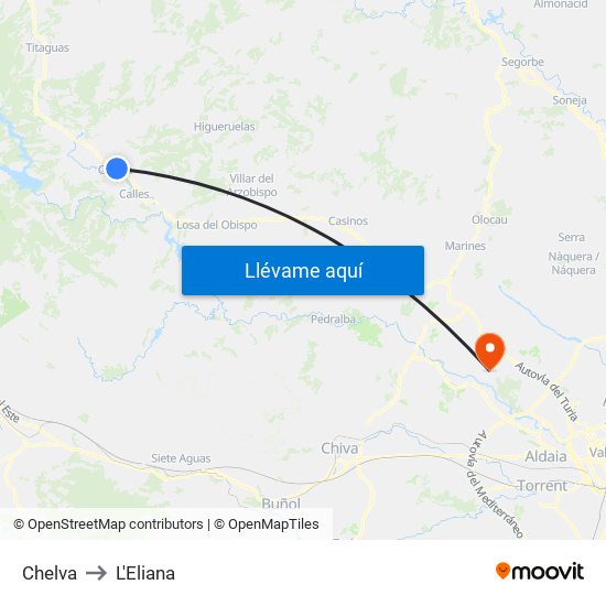 Chelva to L'Eliana map