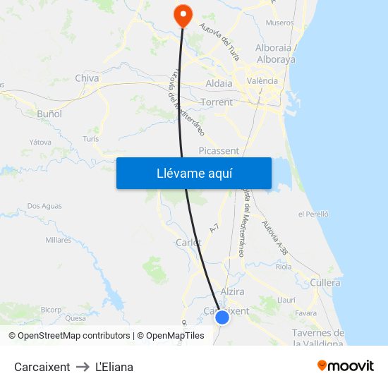 Carcaixent to L'Eliana map