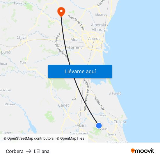 Corbera to L'Eliana map