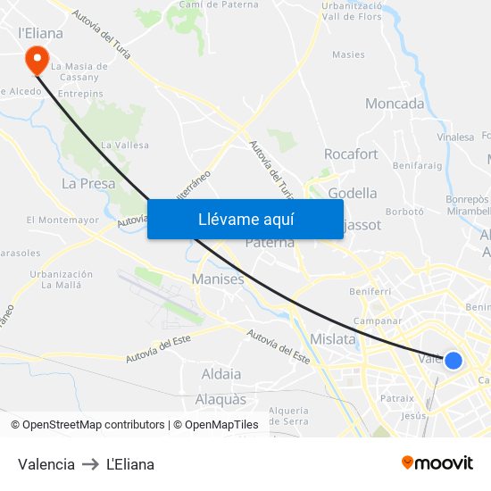 Valencia to L'Eliana map