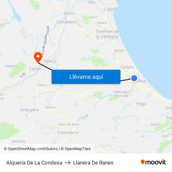 Alquería De La Condesa to Llanera De Ranes map