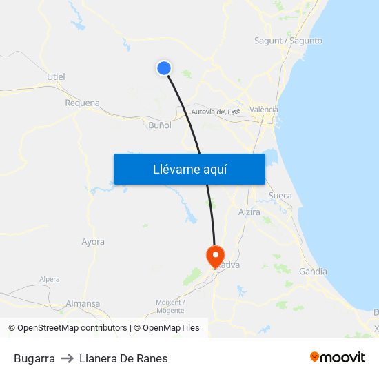 Bugarra to Llanera De Ranes map