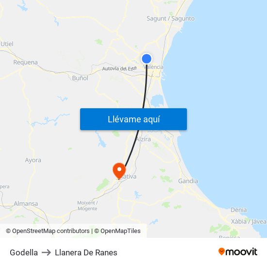 Godella to Llanera De Ranes map