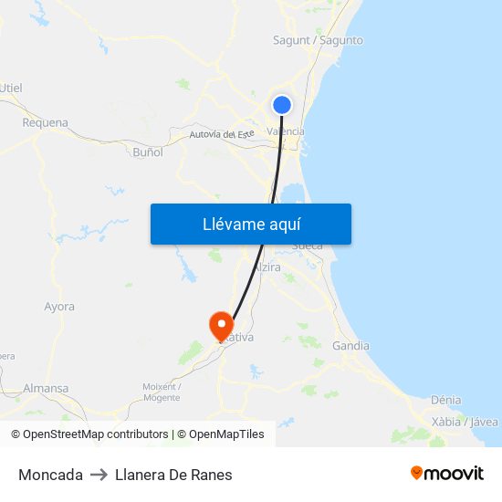 Moncada to Llanera De Ranes map