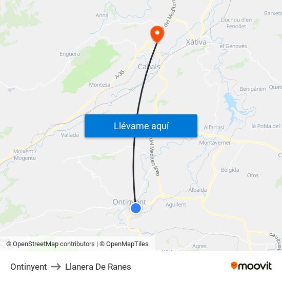 Ontinyent to Llanera De Ranes map