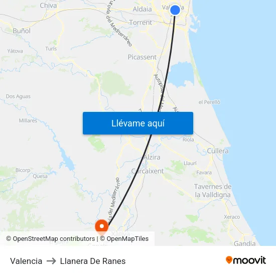 Valencia to Llanera De Ranes map