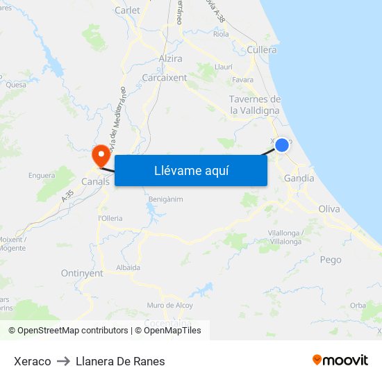 Xeraco to Llanera De Ranes map