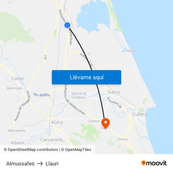 Almussafes to Llaurí map