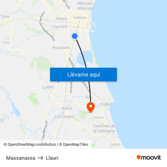 Massanassa to Llaurí map