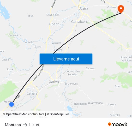 Montesa to Llaurí map