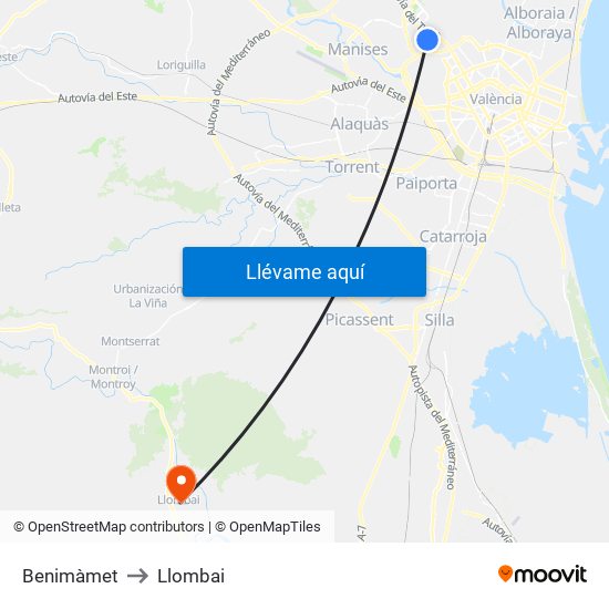 Benimàmet to Llombai map