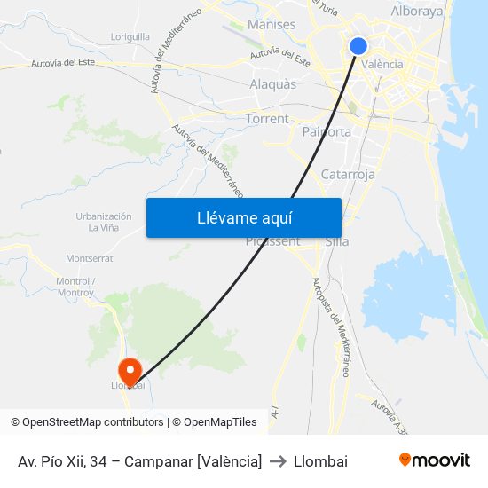 Av. Pío Xii, 34 – Campanar [València] to Llombai map