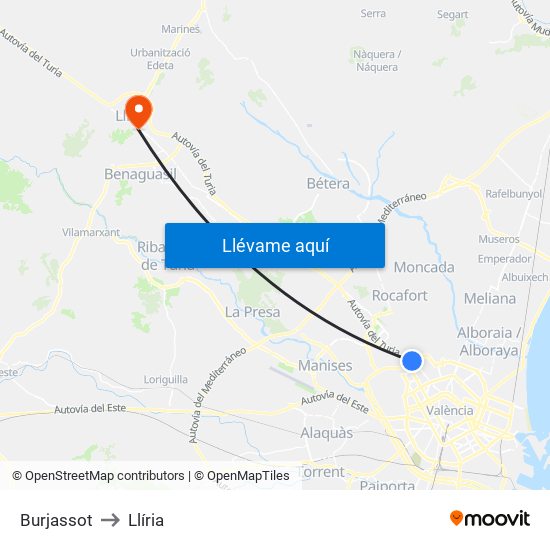 Burjassot to Llíria map