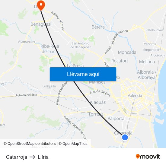 Catarroja to Llíria map
