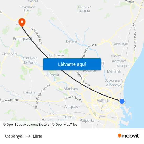 Cabanyal to Llíria map