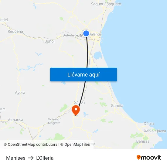 Manises to L'Olleria map