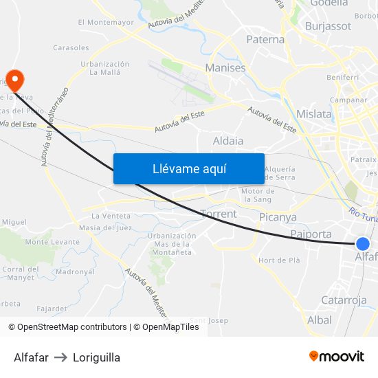 Alfafar to Loriguilla map