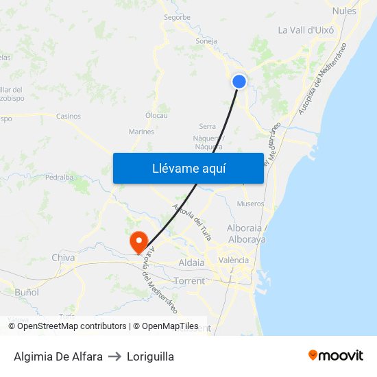 Algimia De Alfara to Loriguilla map