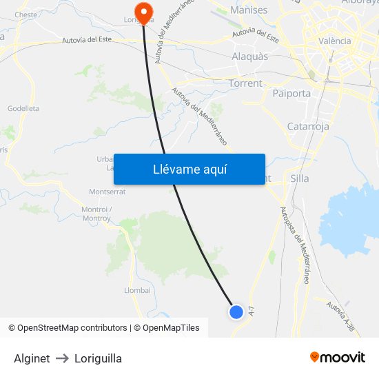 Alginet to Loriguilla map