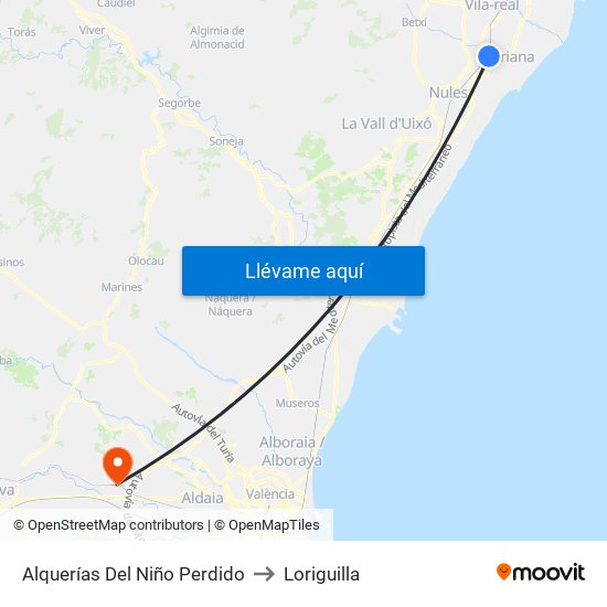 Alquerías Del Niño Perdido to Loriguilla map