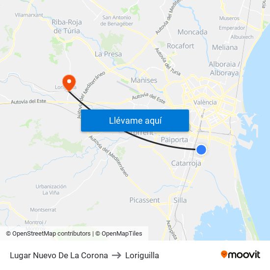Lugar Nuevo De La Corona to Loriguilla map