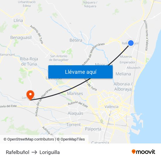 Rafelbuñol to Loriguilla map