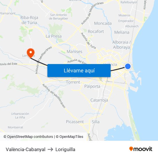 València-Cabanyal to Loriguilla map