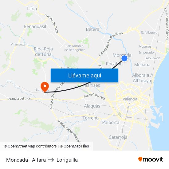 Moncada - Alfara to Loriguilla map