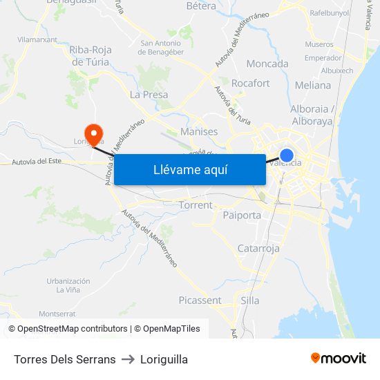 Torres Dels Serrans to Loriguilla map