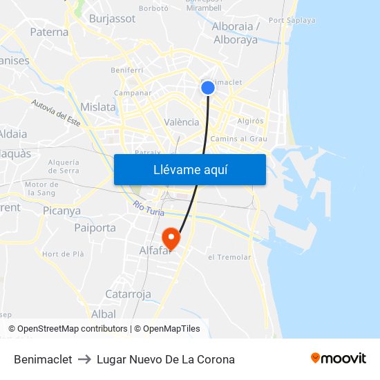 Benimaclet to Lugar Nuevo De La Corona map