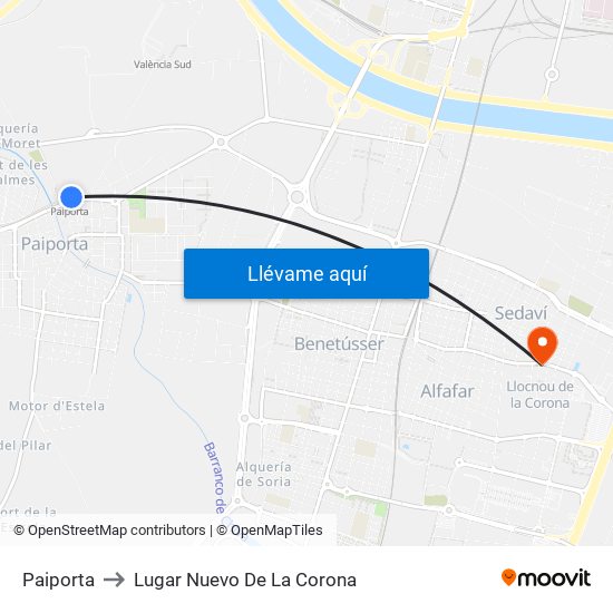 Paiporta to Lugar Nuevo De La Corona map