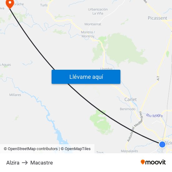 Alzira to Macastre map