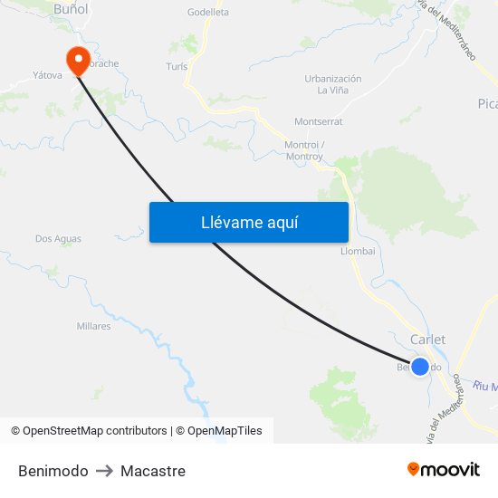 Benimodo to Macastre map