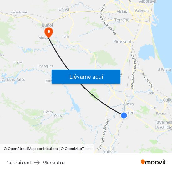 Carcaixent to Macastre map