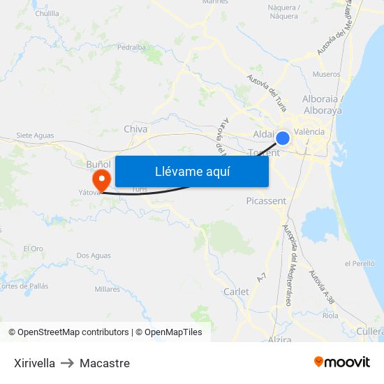 Xirivella to Macastre map