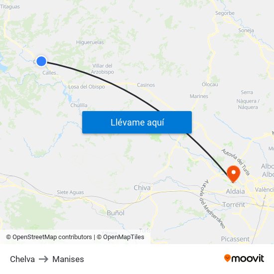 Chelva to Manises map