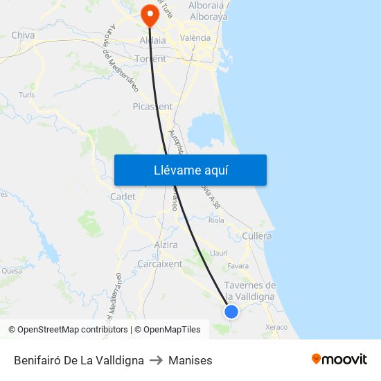 Benifairó De La Valldigna to Manises map
