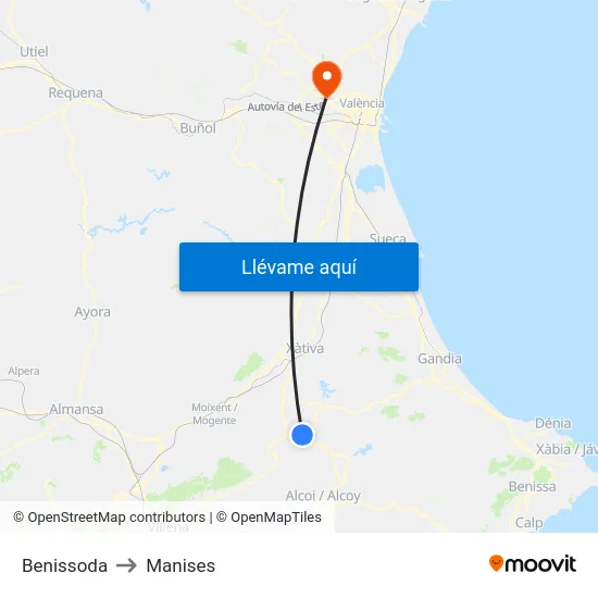 Benissoda to Manises map
