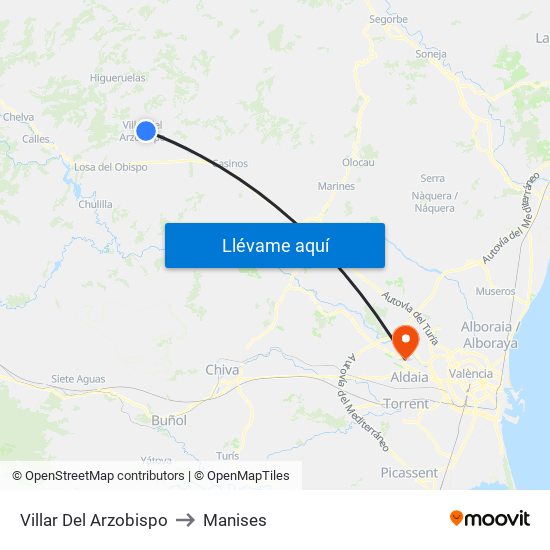 Villar Del Arzobispo to Manises map