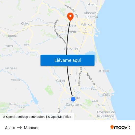 Alzira to Manises map