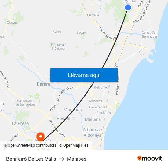 Benifairó De Les Valls to Manises map