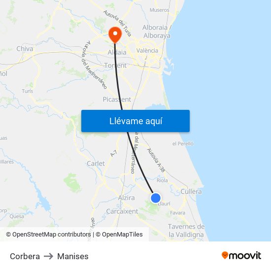 Corbera to Manises map