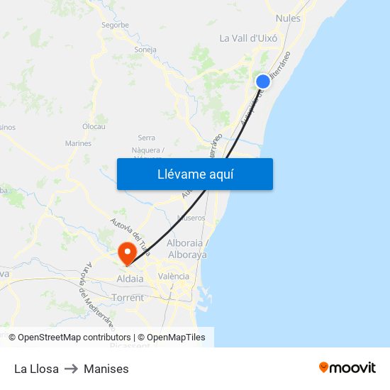La Llosa to Manises map