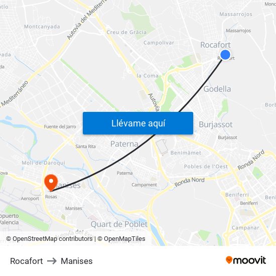Rocafort to Manises map