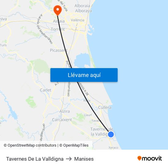 Tavernes De La Valldigna to Manises map