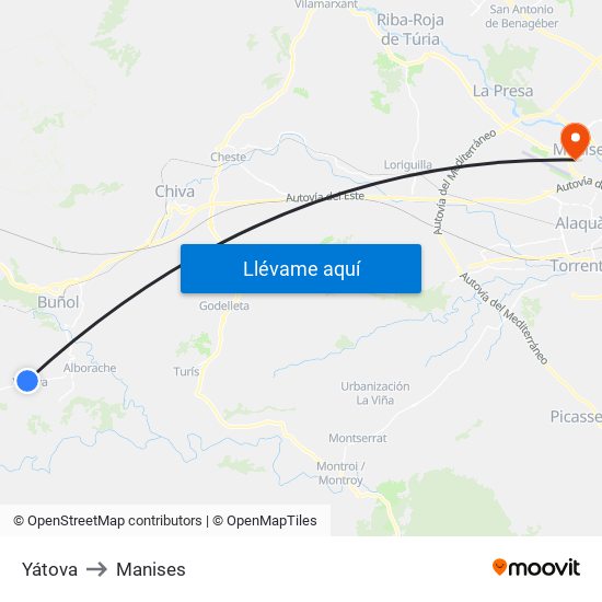 Yátova to Manises map