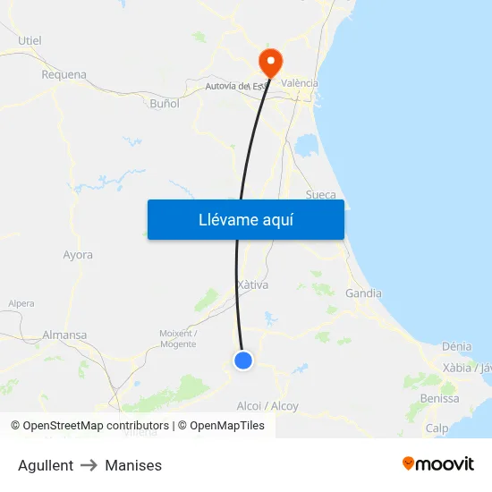 Agullent to Manises map