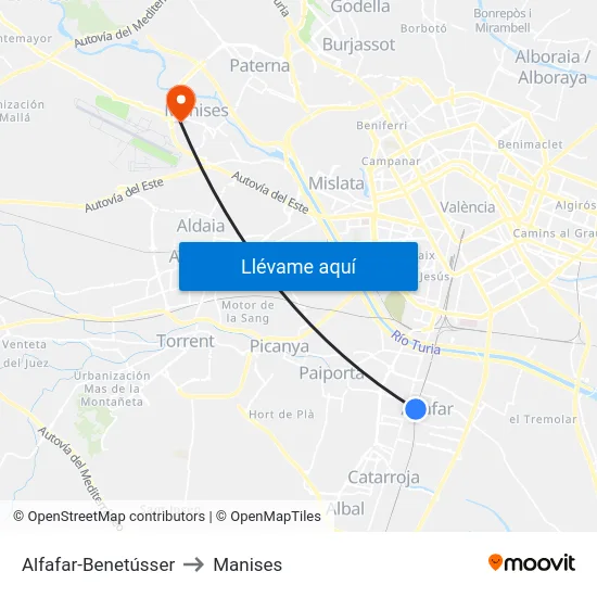 Alfafar-Benetússer to Manises map