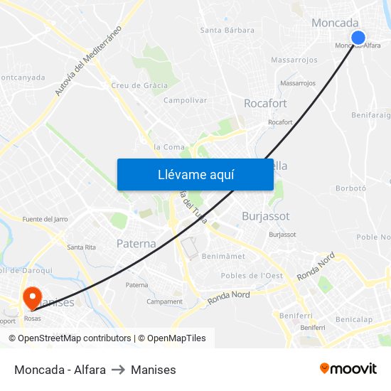 Moncada - Alfara to Manises map